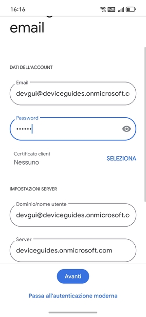 Inserisci Nome utente e l'indirizzo del server Exchange. Seleziona Avanti