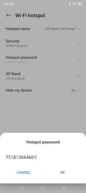 Enter a Wi-Fi hotspot password of at least 8 characters and select OK