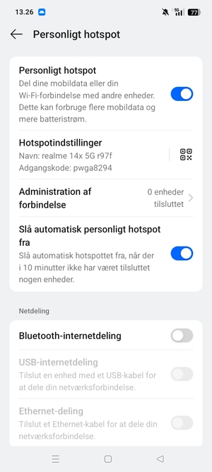 Din telefon er nu sat op til brug som modem