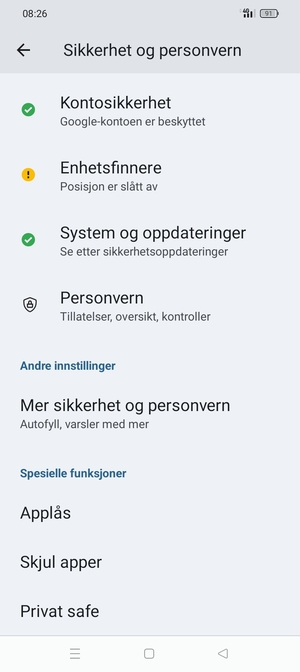 Bla til og velg Mer sikkerhet og personvern