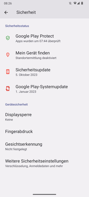Um die PIN für die SIM-Karte zu wechseln, gehen Sie zum Sicherheit Menü und scrollen Sie und wählen Sie Weitere Sicherheitseinstellungen