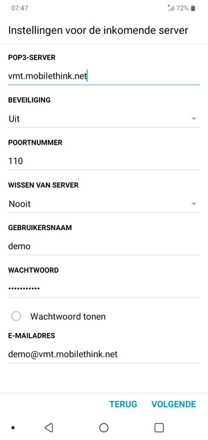 Voer inkomende serveradres en Gebruikersnaam in. Selecteer VOLGENDE