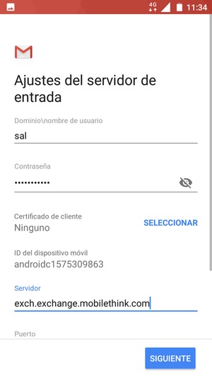Introduzca Nombre de usuario y la dirección de servidor Exchange