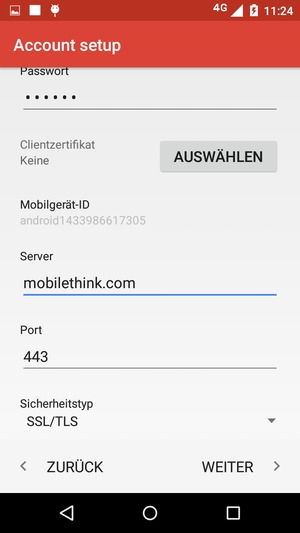 Scrollen Sie nach unten und geben Sie die Exchange Server-Adresse ein. Wählen Sie WEITER