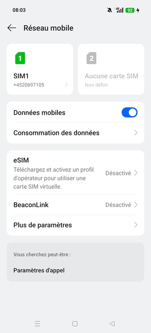 Sélectionnez SIM1 ou SIM2