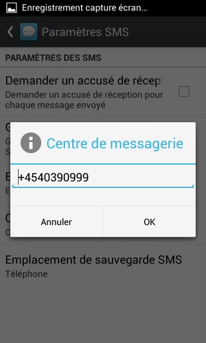 Saisissez le numéro du Centre de messagerie et sélectionnez OK