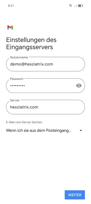 Geben Sie Benutzername und die Server-Adresse für eingehende Post ein. Wählen Sie WEITER