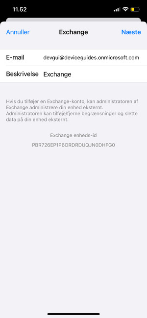 Indtast Exchange e-mail oplysninger og vælg Næste