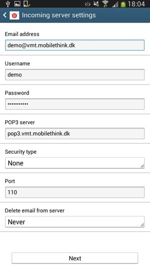 Enter Username and Incoming server address. Select Next