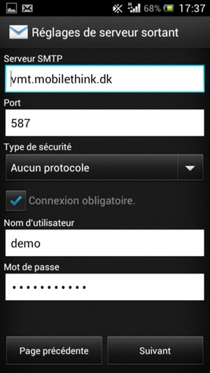 Saisissez l'adresse du serveur sortant