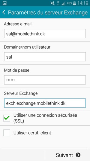 Saisissez votre Nom d'utilisateur  et l'adresse du serveur Exchange. Sélectionnez Suivant