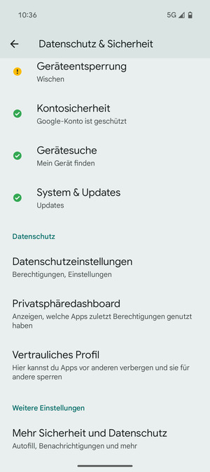 Scrollen Sie und wählen Sie Mehr Sicherheit und Datenschutz