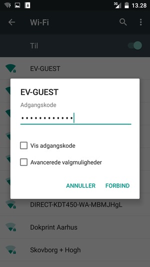 Indtast Wi-Fi adgangskoden og vælg FORBIND