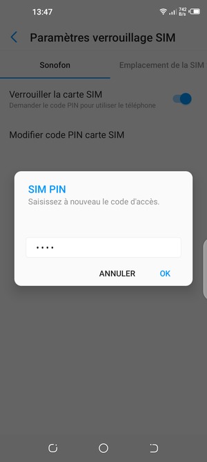 Veuillez confirmer votre nouveau code PIN et sélectionner OK