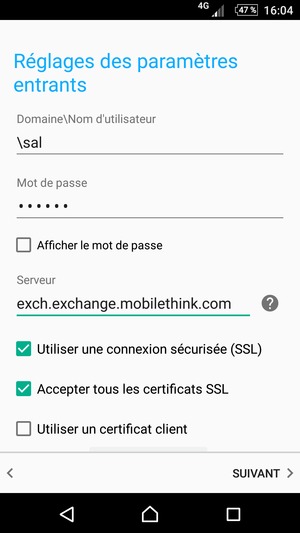 Saisissez votre Nom d'utilisateur et l'adresse du serveur Exchange. Sélectionnez SUIVANT