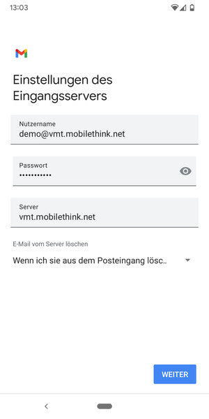 Geben Sie Benutzername und die Server-Adresse für eingehende Post ein. Wählen Sie WEITER