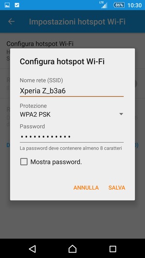 Inserisci una password dell'hotspot Wi-Fi di almeno 8 caratteri e seleziona SALVA