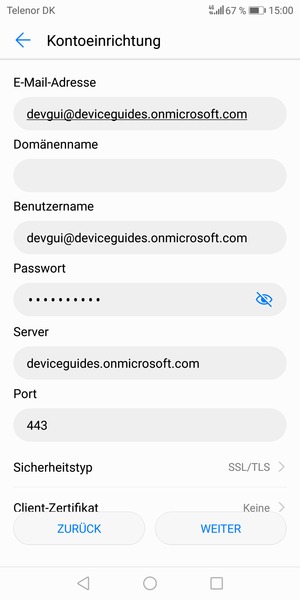 Geben Sie die Exchange Server-Adresse ein und wählen Sie WEITER