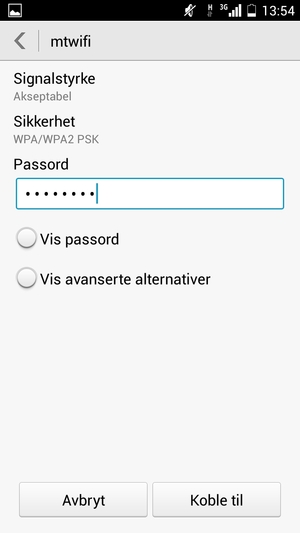 Skriv inn Wi-Fi-passord og velg Koble til