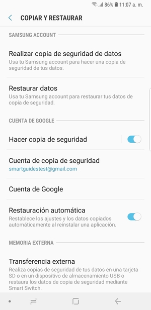 Seleccione Cuenta de copia de seguridad