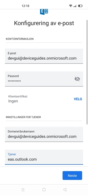 Skriv inn Brukernavn og Exchange serveradresse. Velg Neste