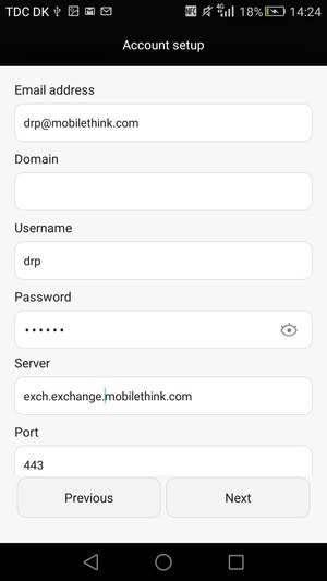 Scroll down and enter Exchange server address. Select Next