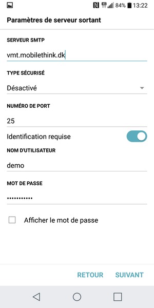 Saisissez l'adresse du serveur sortant
