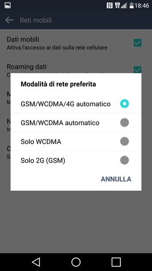 Seleziona Solo 2G (GSM) per abilitare 2G