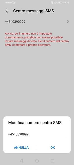 Inserisci Numero centro SMS e seleziona OK