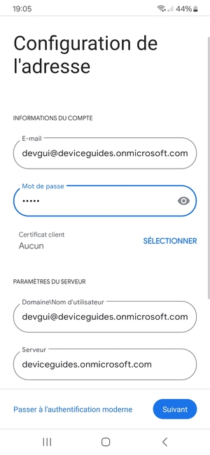 Saisissez votre Nom d'utilisateur et l'adresse du serveur Exchange. Sélectionnez Suivant