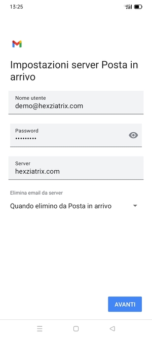 Inserisci Nome utente e l'indirizzo del server di posta in arrivo. Seleziona AVANTI