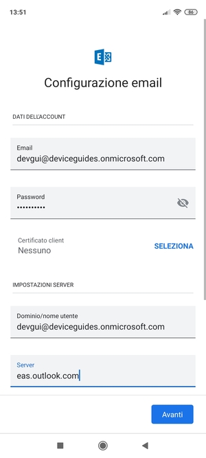Inserisci Nome utente e l'indirizzo del server Exchange. Seleziona Avanti
