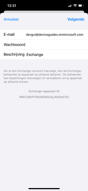 Voer uw Exchange e-mailgegevens in en selecteer Volgende