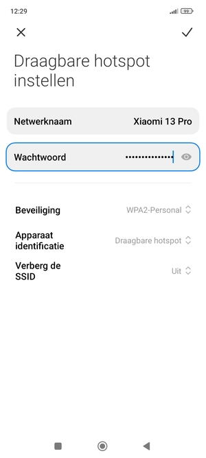 Voer een wachtwoord van een WiFi-hotspot in van ten minste 8 tekens en selecteer OPSLAAN