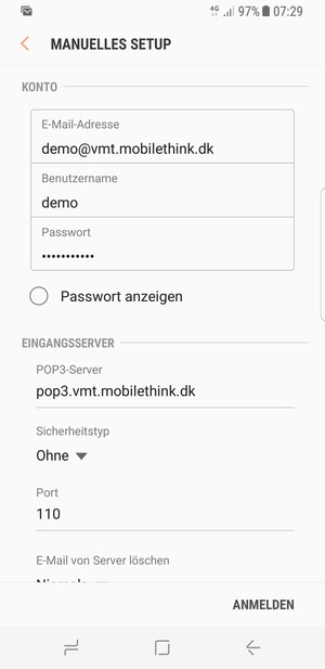 Geben Sie Benutzername und die Server-Adresse für eingehende Post ein
