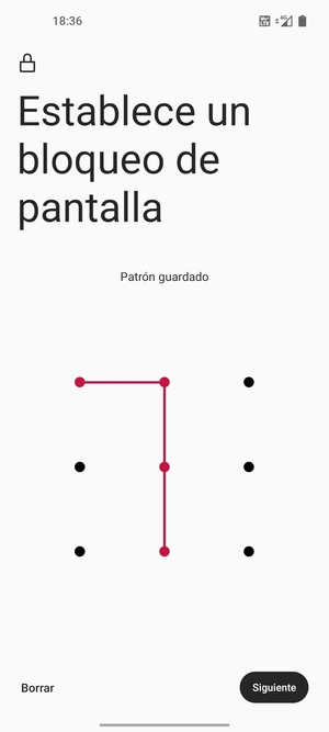 Dibuje un patrón de desbloqueo y seleccione Siguiente