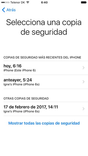 Seleccione la última copia de seguridad de la lista y seleccione Restablecer