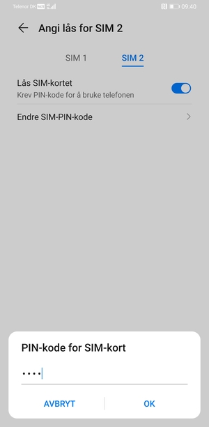 Skriv inn Gammel PIN-kode for SIM-kort og velg OK