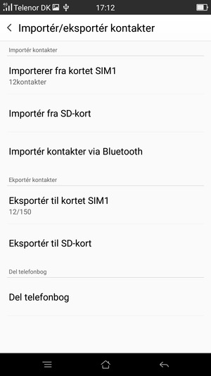 Vælg Importer fra kortet SIM1 eller Importer fra kortet SIM2