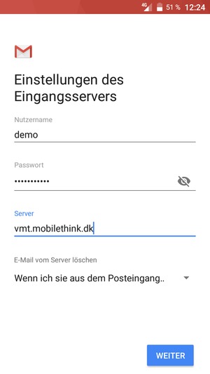 Geben Sie Benutzername und Eingang Server-Adresse ein. Wählen Sie WEITER
