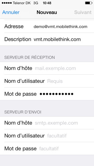 Saisissez les informations de messagerie pour le Serveur d'envoi et sélectionnez Suivant
