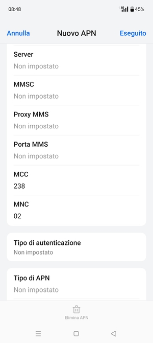 Scorri verso il basso e inserisci le informazioni di internet
