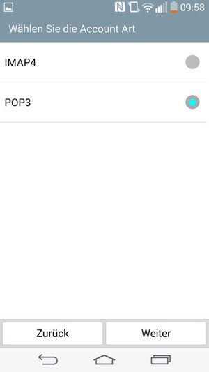 Wählen Sie IMAP4 oder POP3 und wählen Sie Weiter