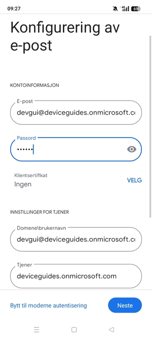 Skriv inn Brukernavn og Exchange-serveradresse. Velg Neste