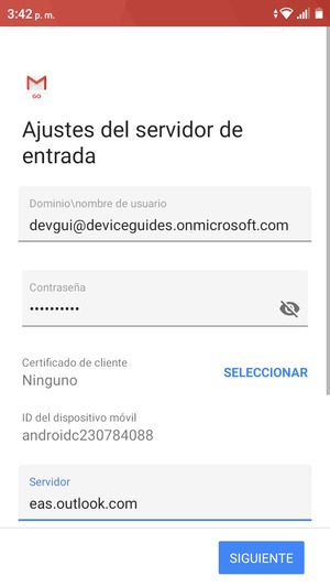 Introduzca Nombre de usuario y Exchange Server address. Seleccione SIGUIENTE