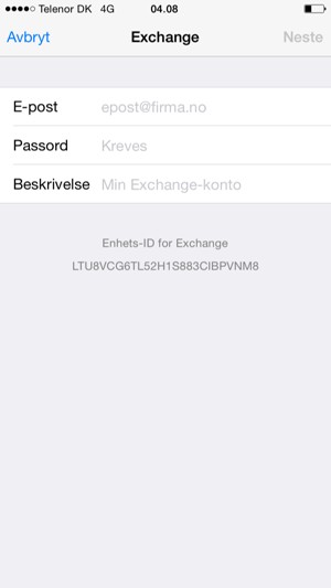 Skriv inn Exchange e-postinformasjon og velg Neste