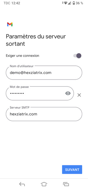 Saisissez l'adresse du serveur sortant et sélectionnez SUIVANT