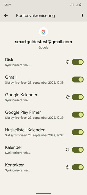 Dine kontakter fra Google vil synkroniseres til telefonen din