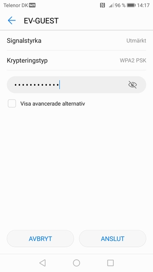 Ange lösenord till Wi-Fi och välj ANSLUT