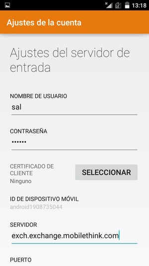 Introduzca Nombre de usuario y la dirección de servidor Exchange
